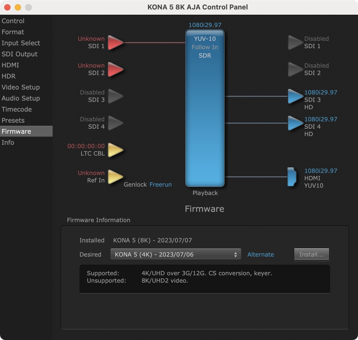 AJA Kona 5 – selecting dual 4K 8K firmware