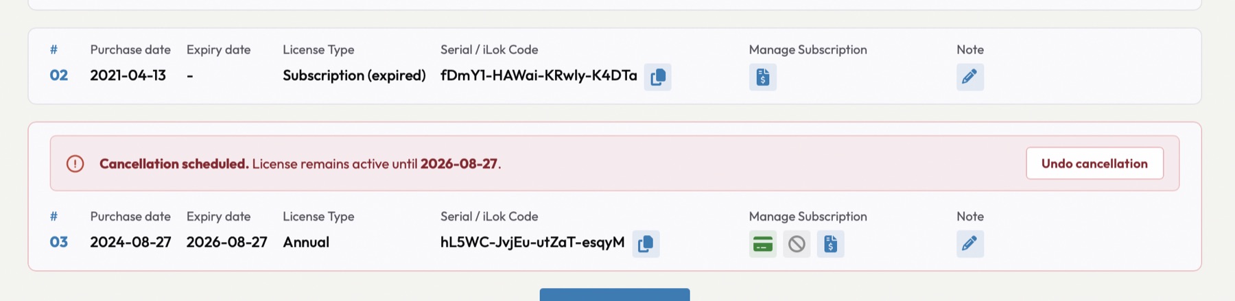 Cancelling a subscription from the My Licenses page