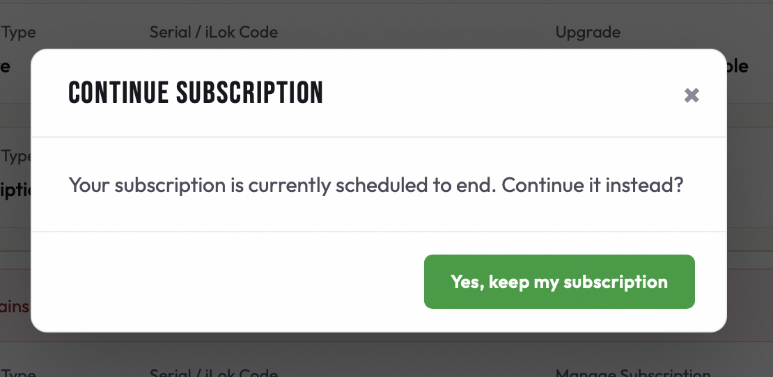 Continue Subscription prompt