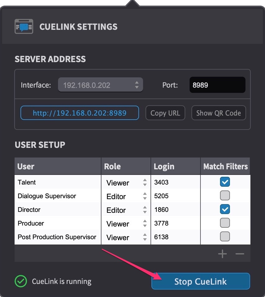CueLink - SETTINGS - Starting CueLink
