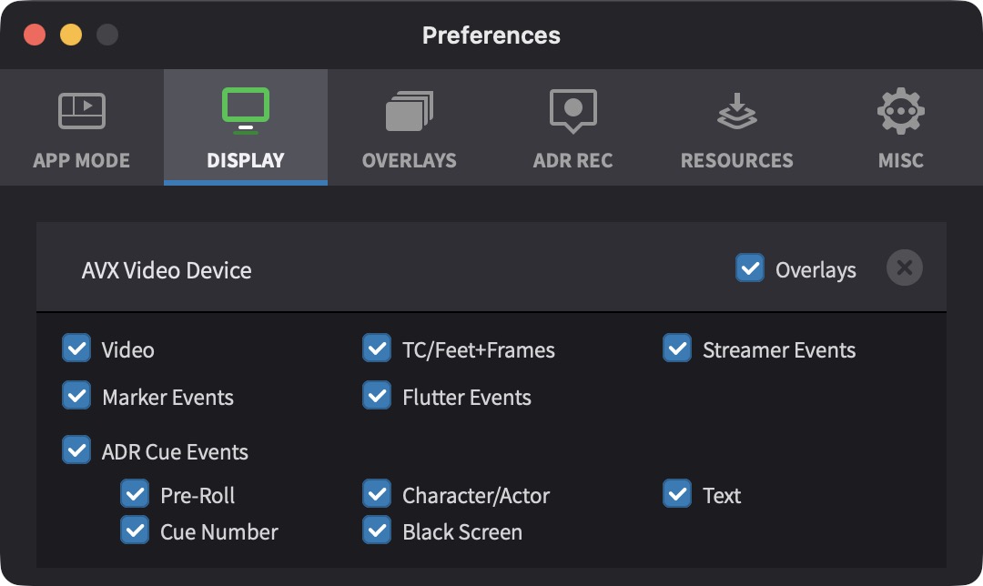 AVX Video Device in Pro Tools Integrated Mode showing overlay checkboxes