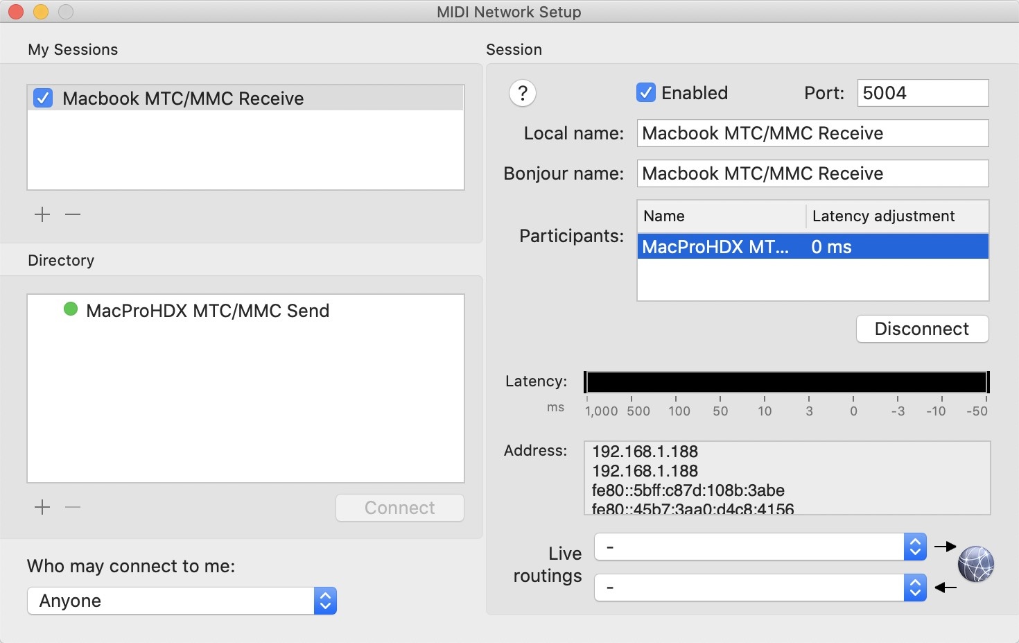 Send and receive sessions connected