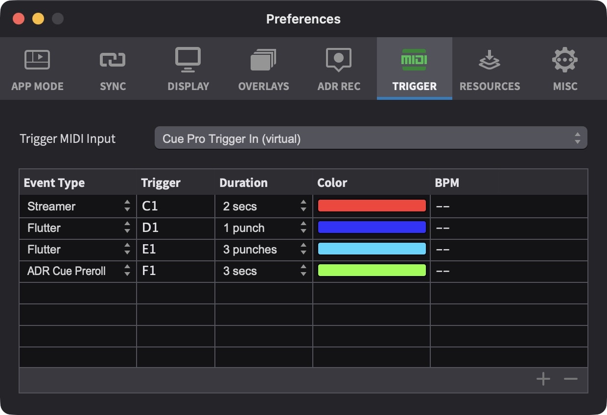 MIDI Trigger tab with Streamer rows