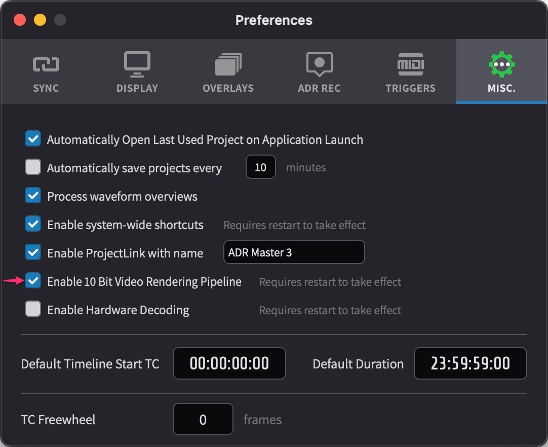 MISC Preferences - 10 Bit Video Rendering Pipeline