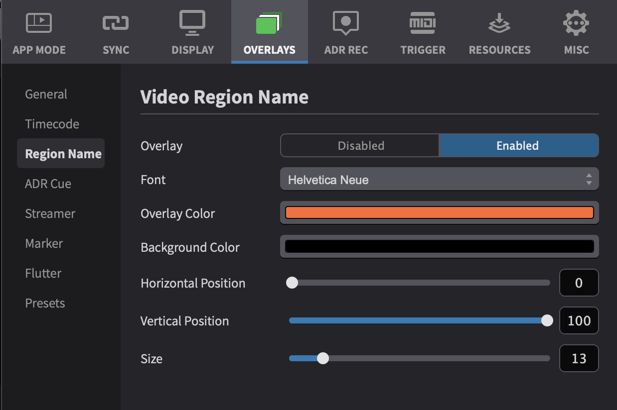 Video Region Name overlay settings