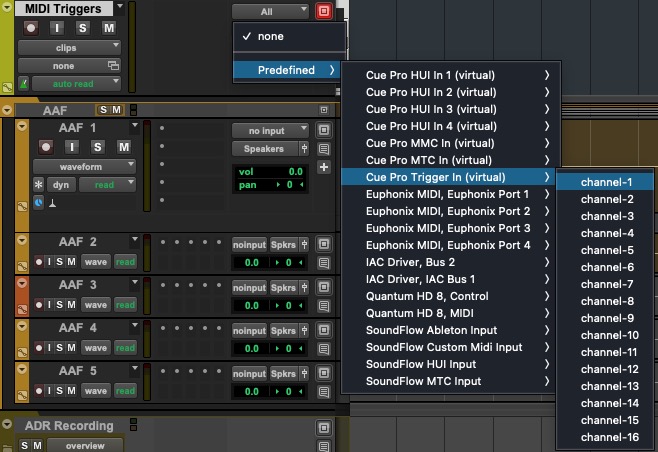 Pro Tools MIDI track output selector - Cue Pro Trigger In