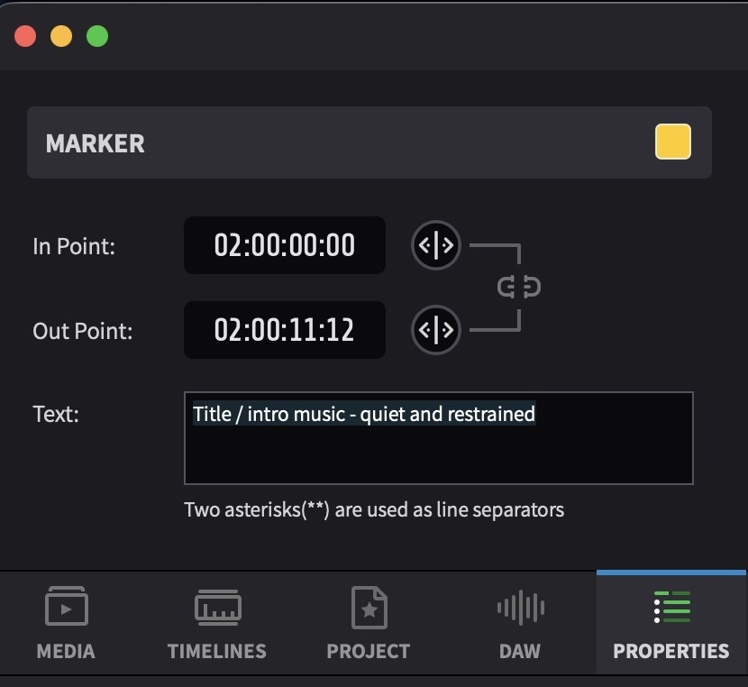 Properties tab showing Marker fields