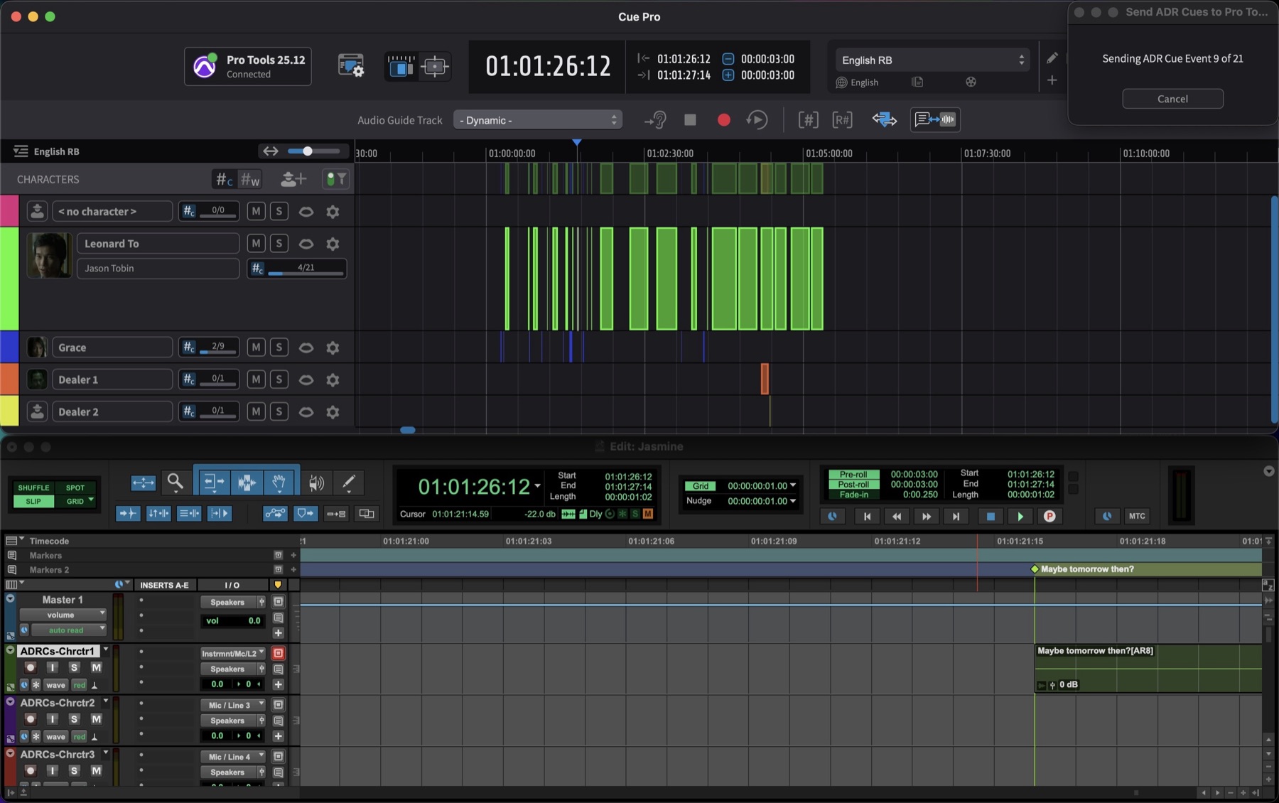 Sending selected ADR Cues to Pro Tools