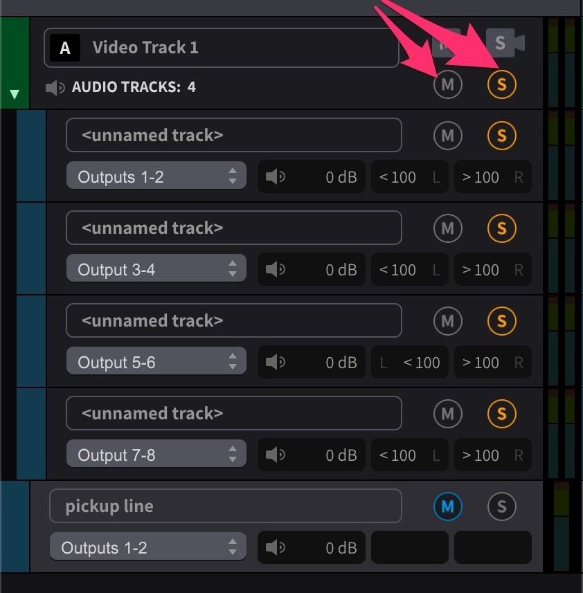 Soloing all embedded audio tracks at once