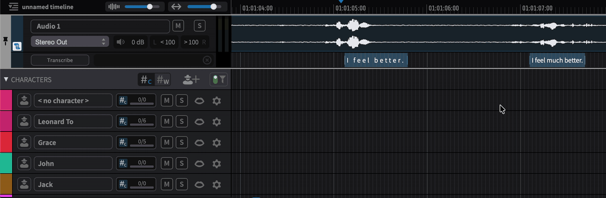 Dragging a transcription segment onto a character track to create an ADR Cue